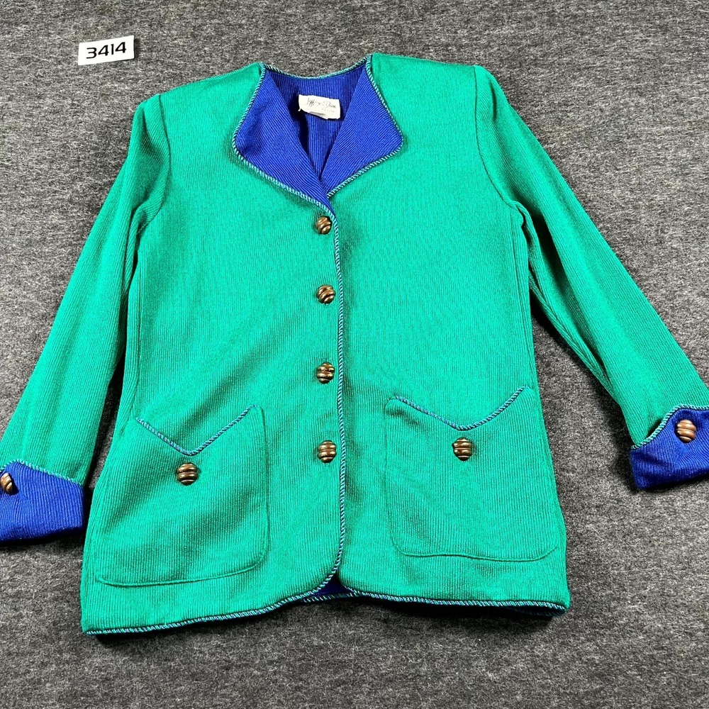 Vintage 80s 2 Pc Knit Suit Green Blue Blazer Skirt Set Womens M 11/12 Made in US